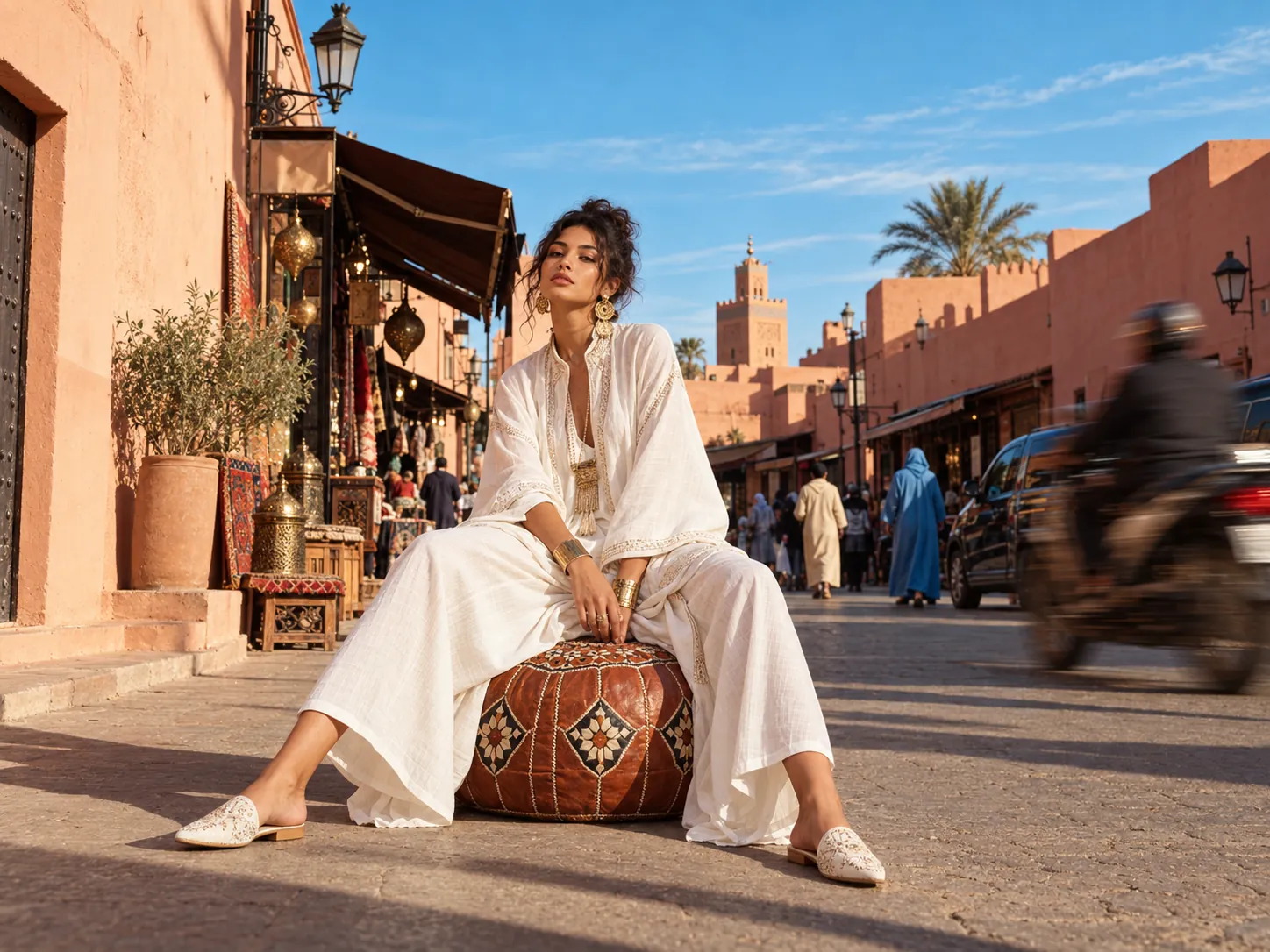 A woman in white linen sitting on a leather pouf in a Marrakech street, the Koutoubia behind