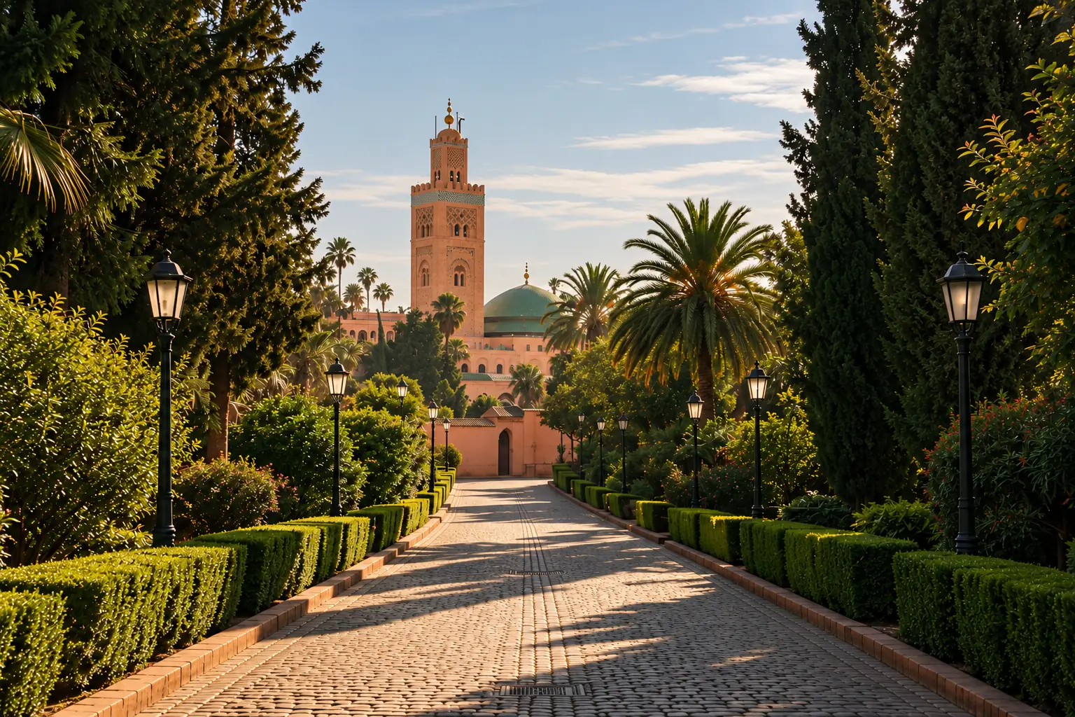 A garden path lined with hedges and lanterns leading to the Koutoubia in Marrakech