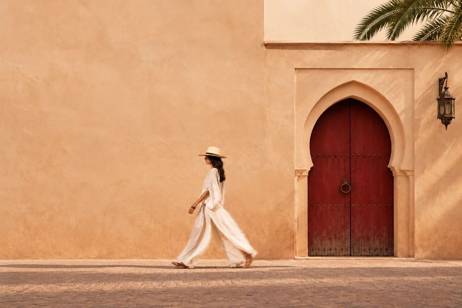 A woman in a straw hat and white linen walking past a red riad door in Marrakech
